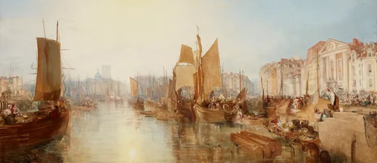 landscape painting of boats on river. 