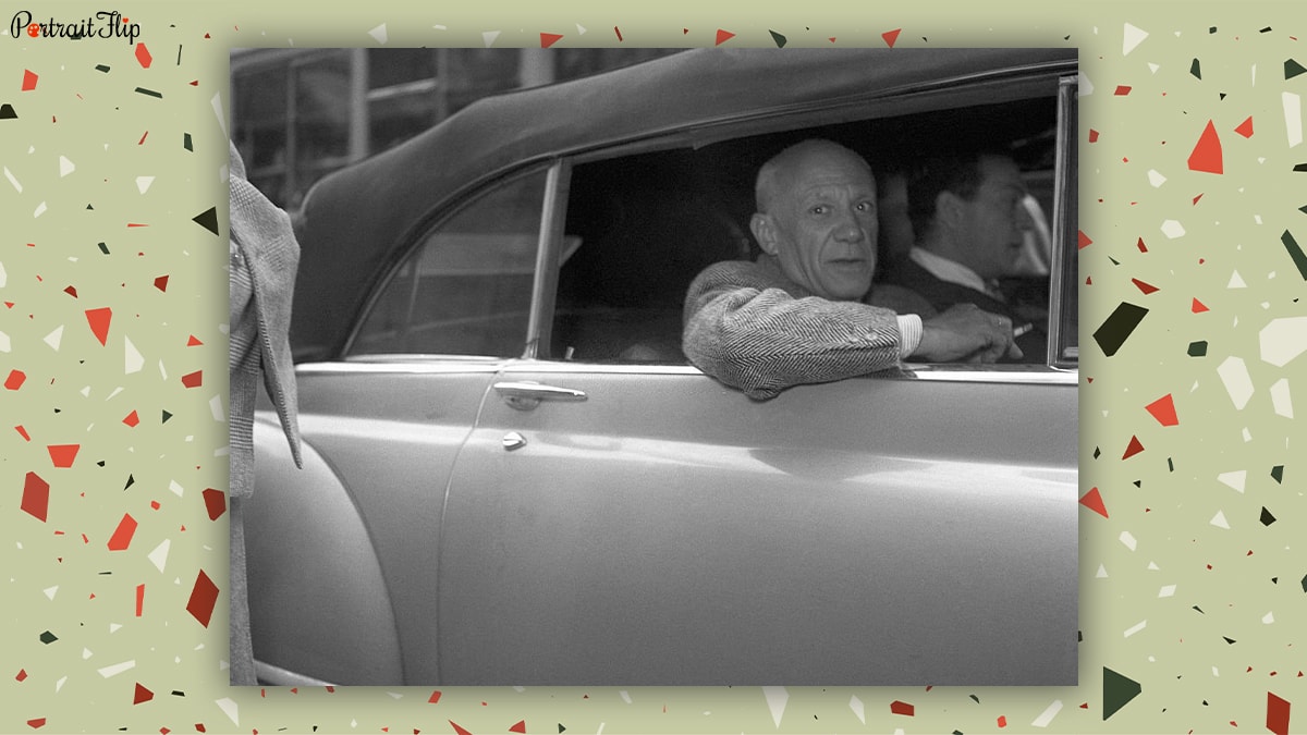Pablo Picasso in a car in his later years. 