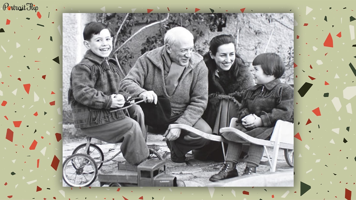 Pablo Picasso with his second wife Jacqueline Roque and their children. 