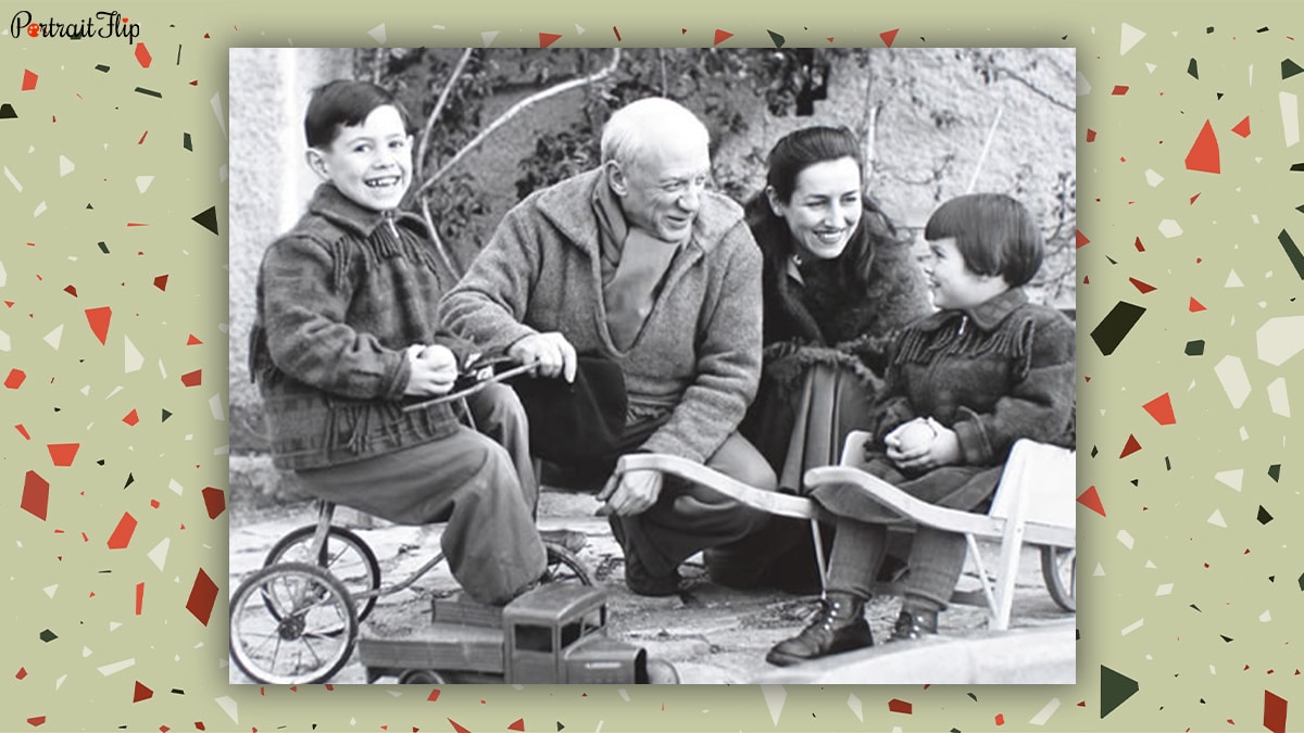 Pablo Picasso with his second wife Jacqueline Roque and their children.