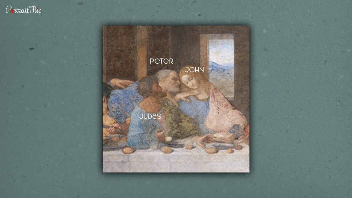 A section of The Last Supper focusing on Peter, John and Judas. 