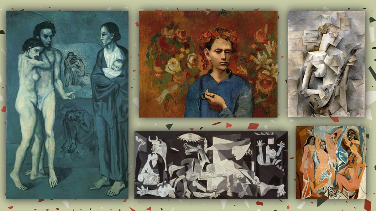 A collage of Pablo Picasso's paintings from his different periods. 