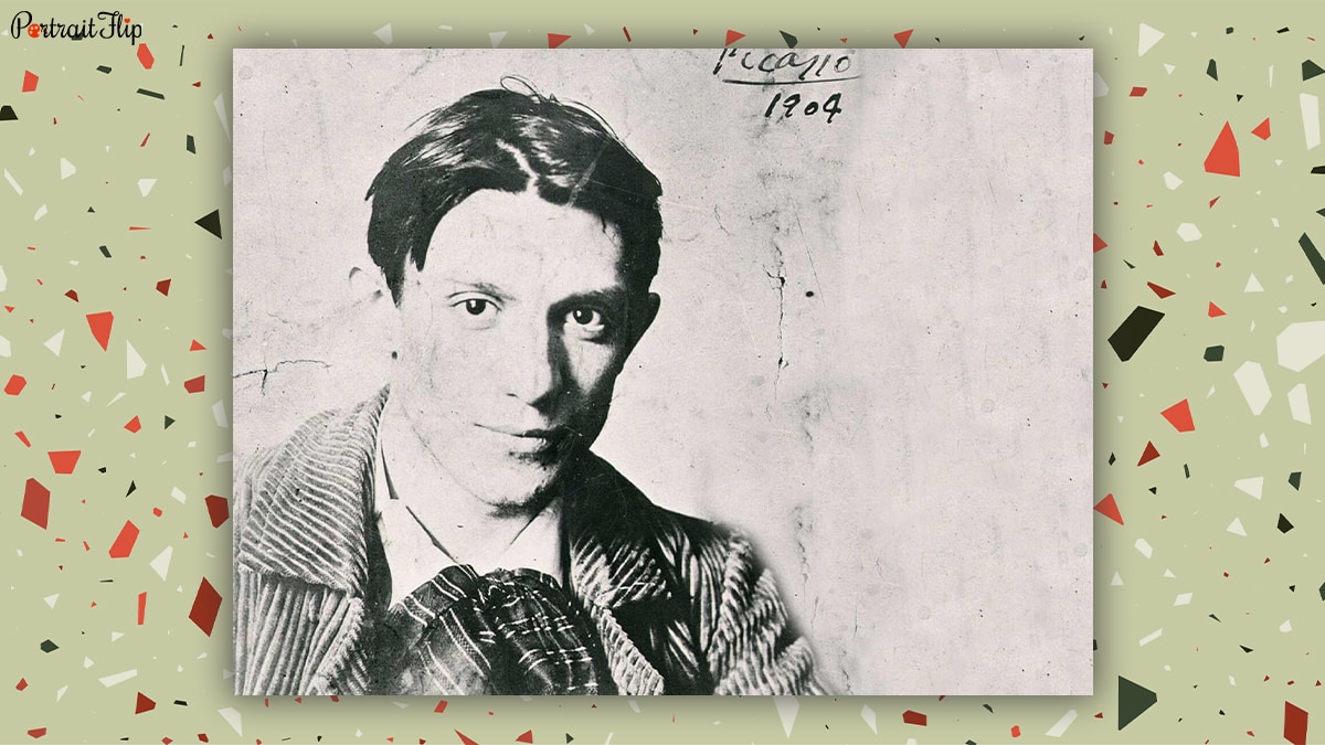 A monochrome photo of young Pablo Picasso. 