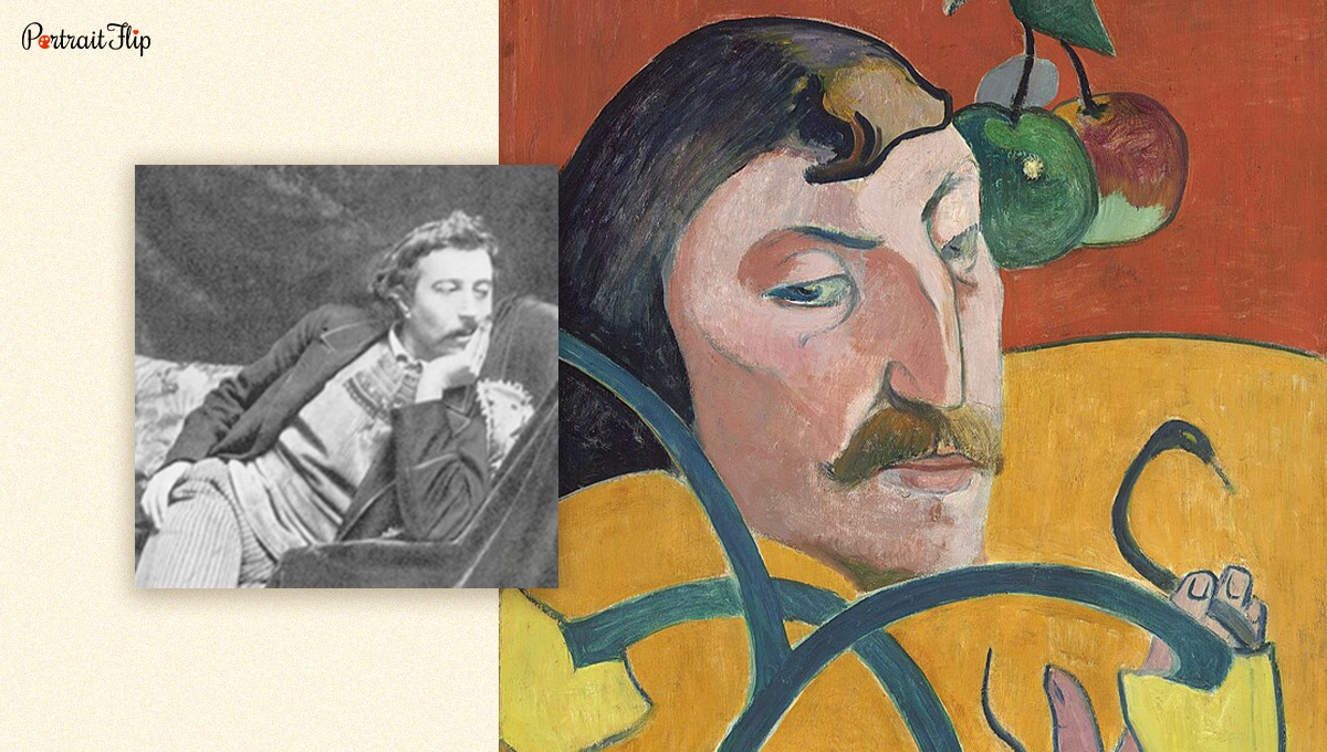 Paul Gauguin's photograph beside his self-portrait. 