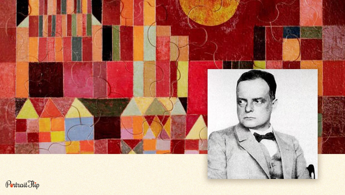 Paul Klee photograph with his painting in the background.