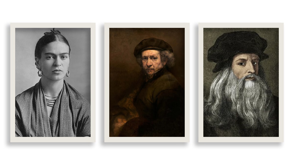 famous portrait painters frida kahlo, rembrandt, leonardo da vinci