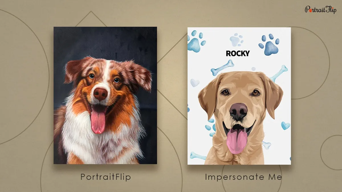 Comparison dog portrait between PortraitFlip vs. Impersonate Me