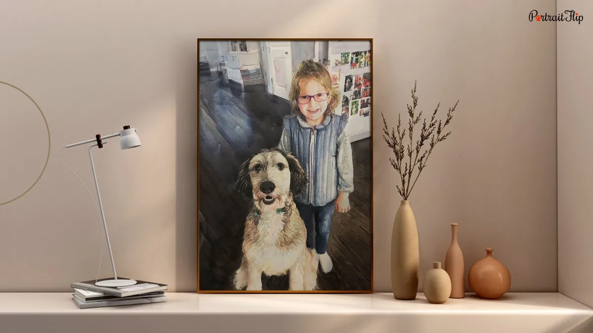 Painting by PortraitFlip of a dog with a little girl