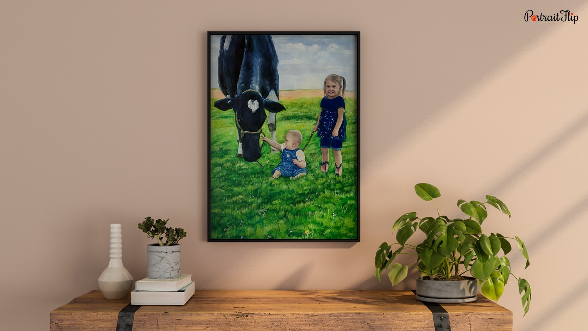 Painting by PortraitFlip of a cow with a little girl and a baby