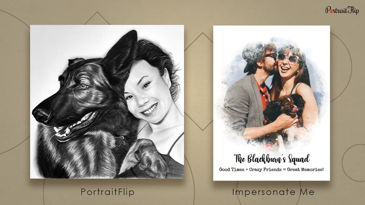 Comparison human-pet portrait between PortraitFlip vs. Impersonate Me