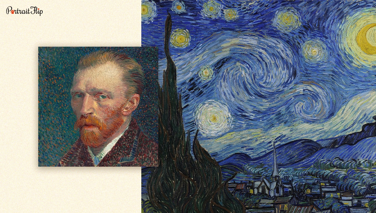 Vincent van Gogh's photograph with his "Starry Night" portrait. 