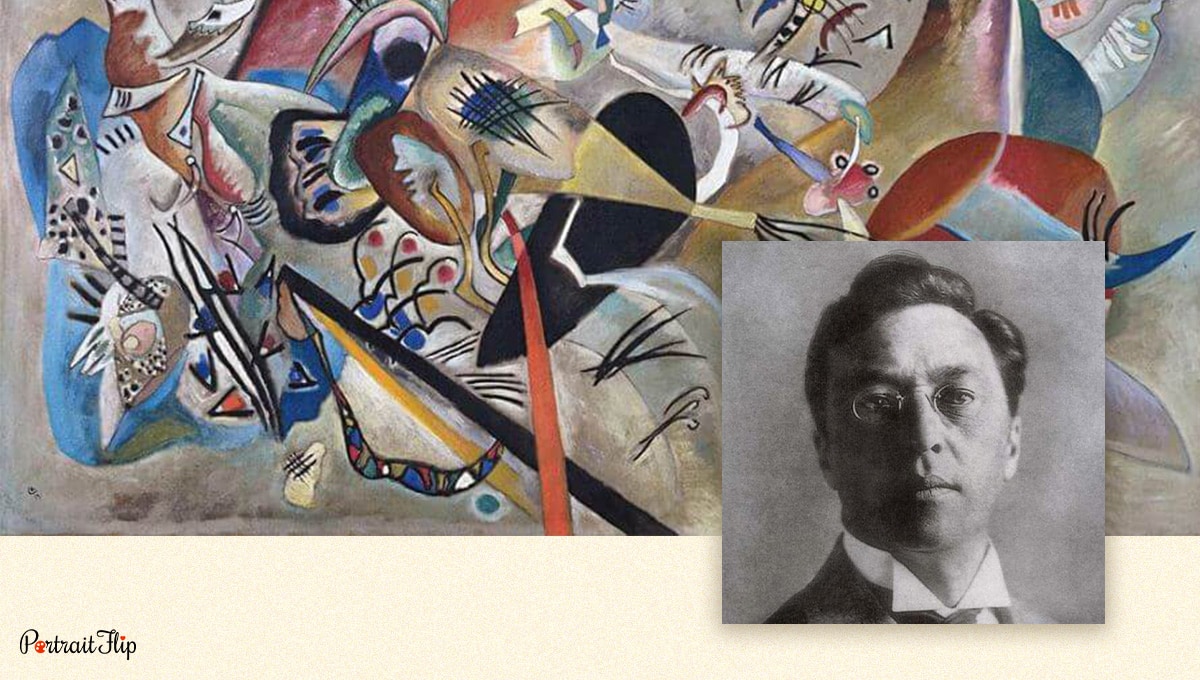 Wassily Kandinsky's photograph with his abstract expressionist painting in the background. 