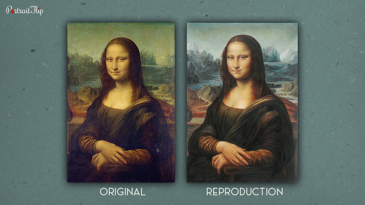 A comparison between the original Mona Lisa painting and its replica
