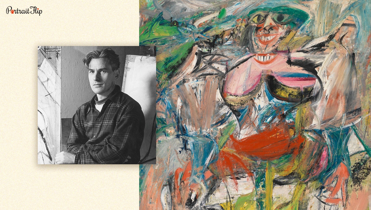 Willem de Kooning's photograph with his painting beside it. 