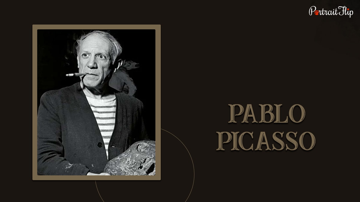 A famous painter pablo picasso in standing position smoking cigar and holding a color palette