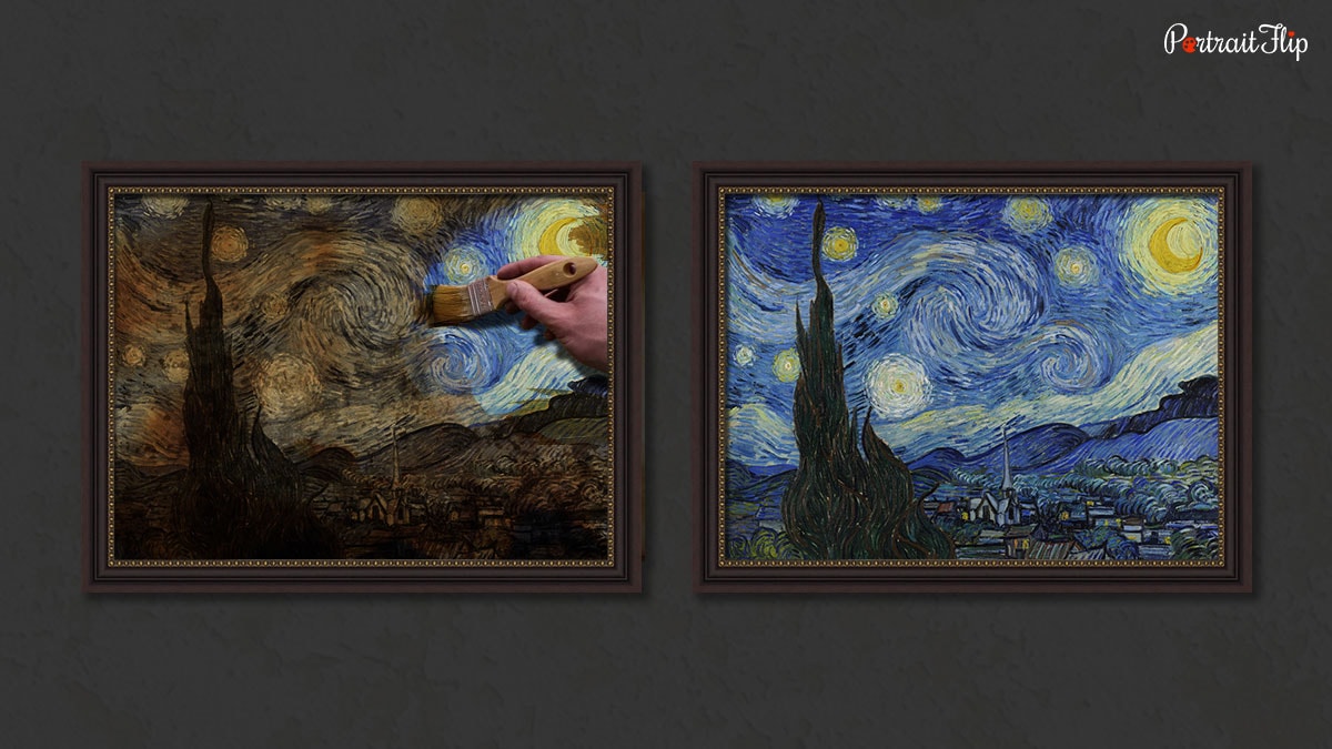 The Starry Night painting before and after removing the coating of varnish