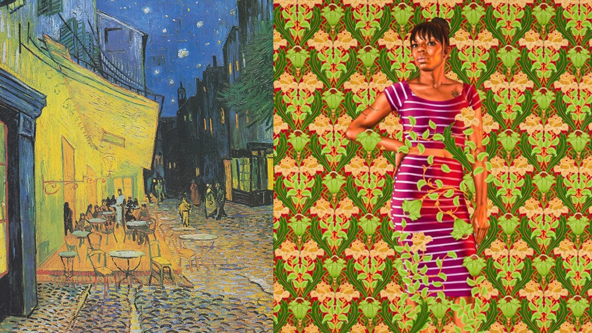"Cafe Terrace at Night"  by Vincent van Gogh, and "Portrait of Florentine Nobleman" by Amy Sherald. 