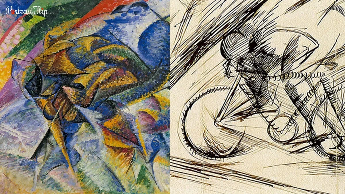 Image on left is Dynamism of a Cyclist and image on right is Sketch of Dynamism of a Cyclist which is a physical movement in art