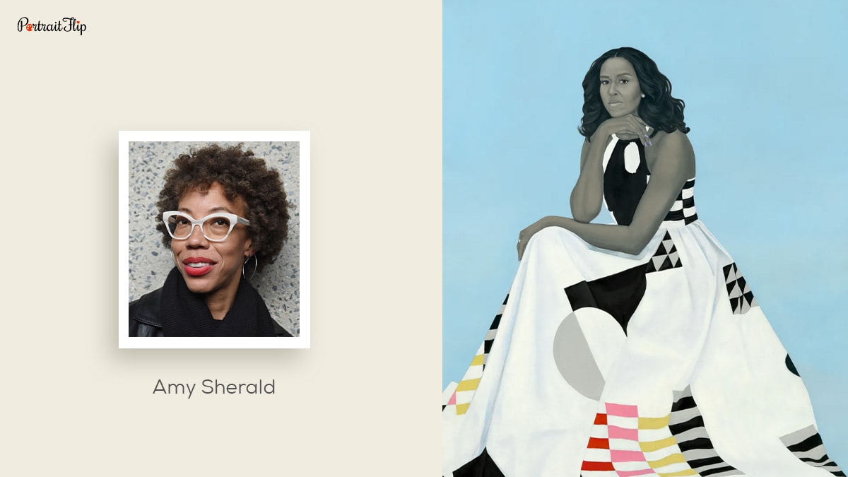 Amy Sherald and her portrait painting of Michelle Obama.