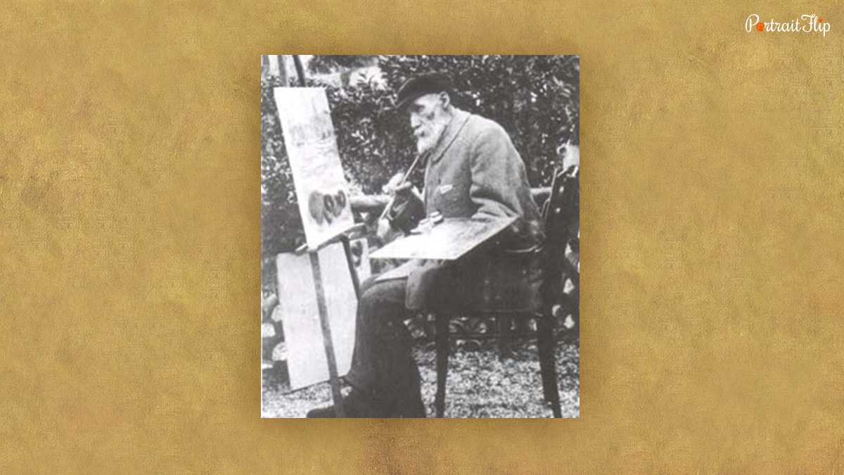 Pierre Auguste Renoir, sitting and painting on a canvas
