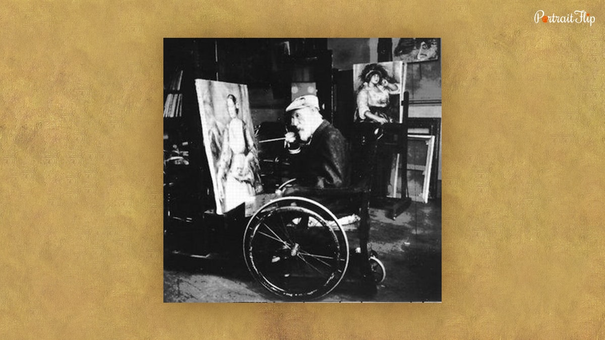 Renoir sitting on his wheelchair and painting
