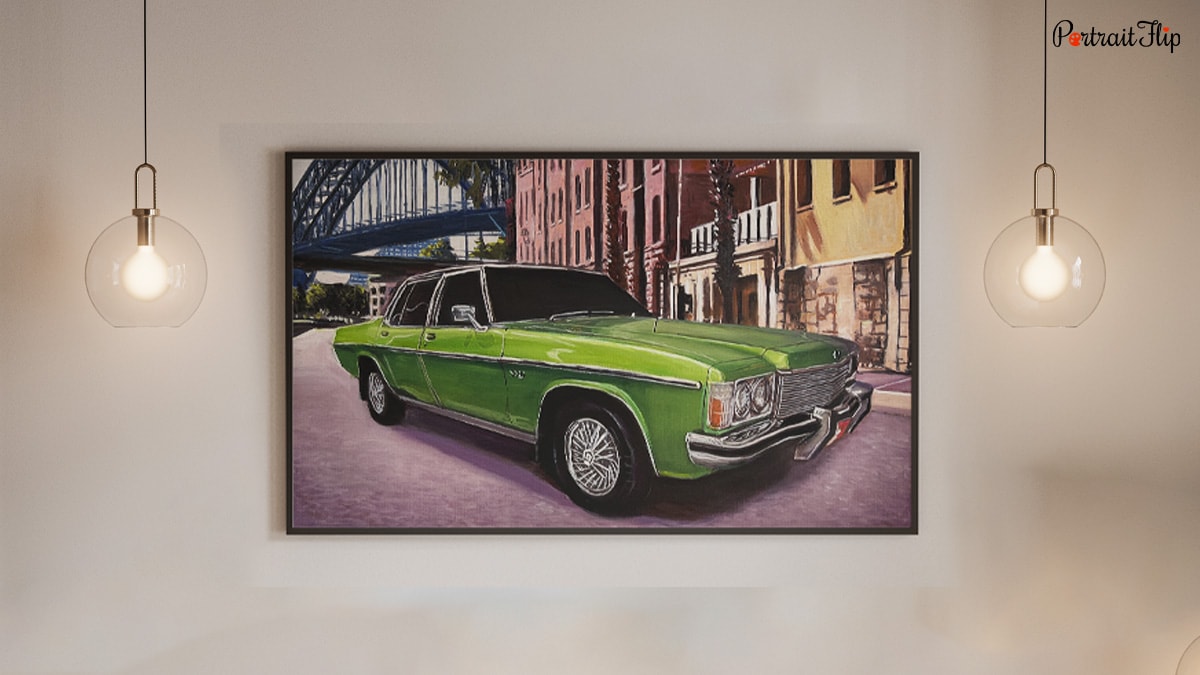 a stunning vintage car portrait mounted on the wall