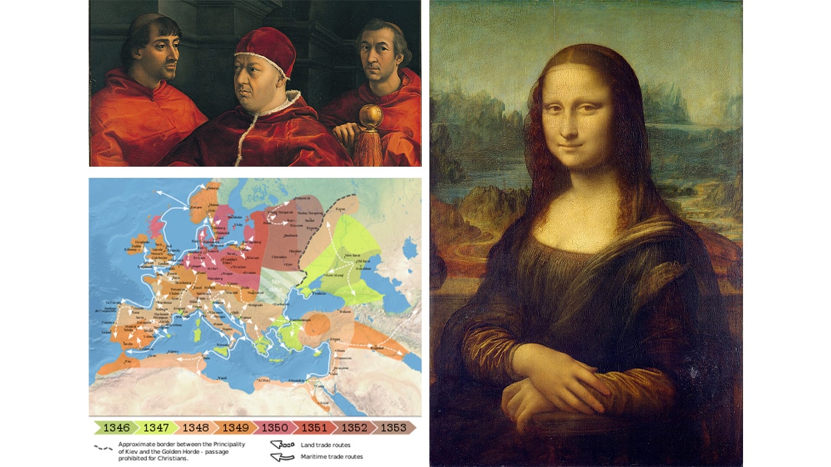 A collage of Medici family, Florence map, and the Mona Lisa artwork 