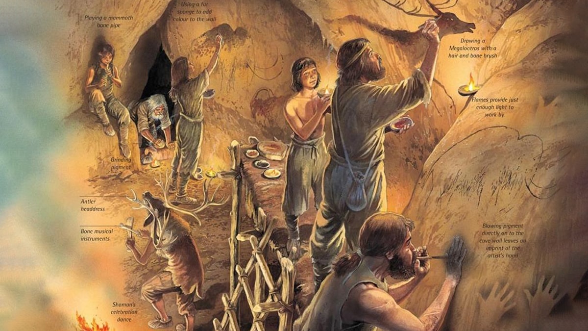 a bunch of cavemen in the act of carving and painting on cave walls. 