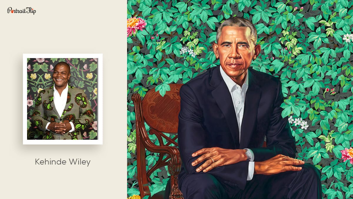Kehinde Wiley and his portrait painting of Barack Obama. 