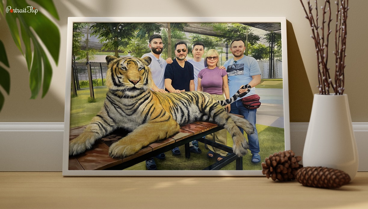 Handmade Paintings by PortraitFlip that show tiger on bench with people standing behind him.
