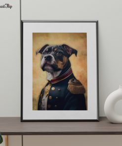 Portrait of a dog as a general officer is placed on a table
