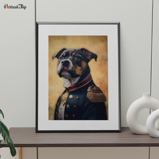 Portrait of a dog as a general officer is placed on a table