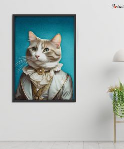 Portrait of a cat dressed as ambassador is mounted on wall