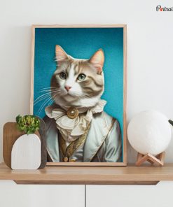 Portrait of a cat dressed as ambassador is placed on table