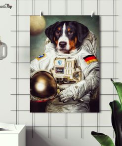 Portrait of a dog in astronaut’s outfit mounted on wall