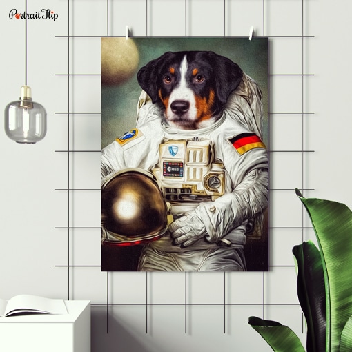 Portrait of a dog in astronaut’s outfit mounted on wall