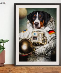 Portrait of a dog in astronaut’s outfit is placed on a table