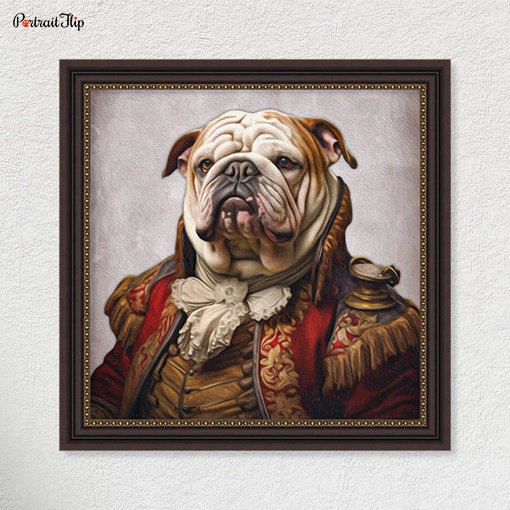 Portrait of a bulldog in Prince Duke's outfit