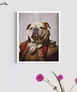 Portrait of a bulldog in Prince Duke's outfit mounted on wall