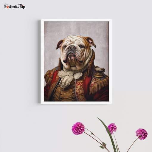 Portrait of a bulldog in Prince Duke's outfit mounted on wall