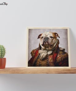 Portrait of a bulldog in Prince Duke's outfit placed on tabl