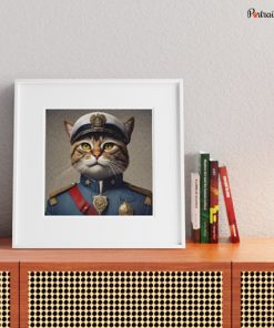 Portrait of a cat in a Policeman outfit is placed on a table