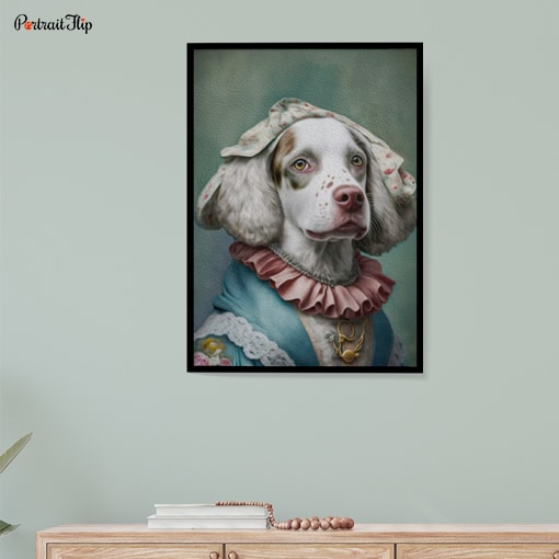 Portrait of a dog in a princess outfit is mounted on wall