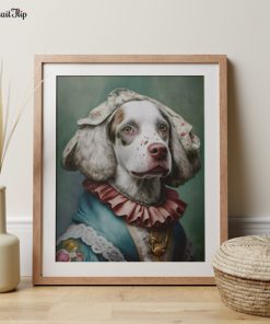 Portrait of a dog in a princess outfit is placed on a table