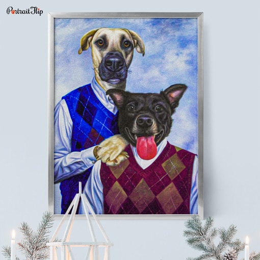 Portrait of Two Dogs as step brothers is mounted on wall