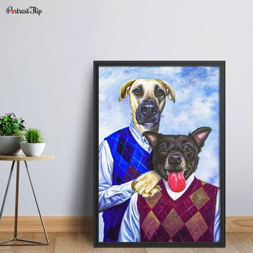 Portrait of Two Dogs as step brothers is placed on a table