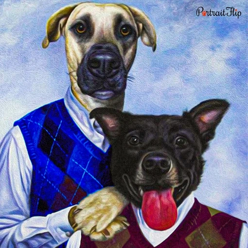 Portrait of two dogs placed together as step brothers poster