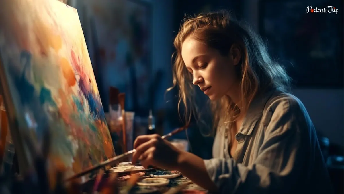 A woman painting on a canvas with a palette in her hand.