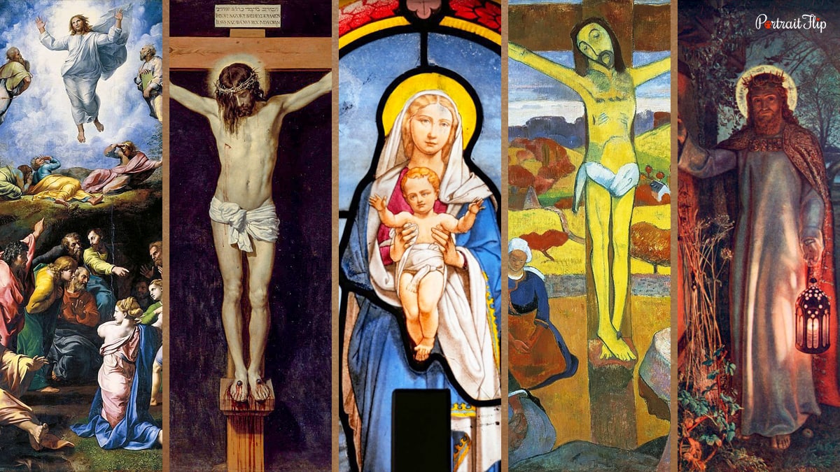 a collage of different paintings of Jesus.