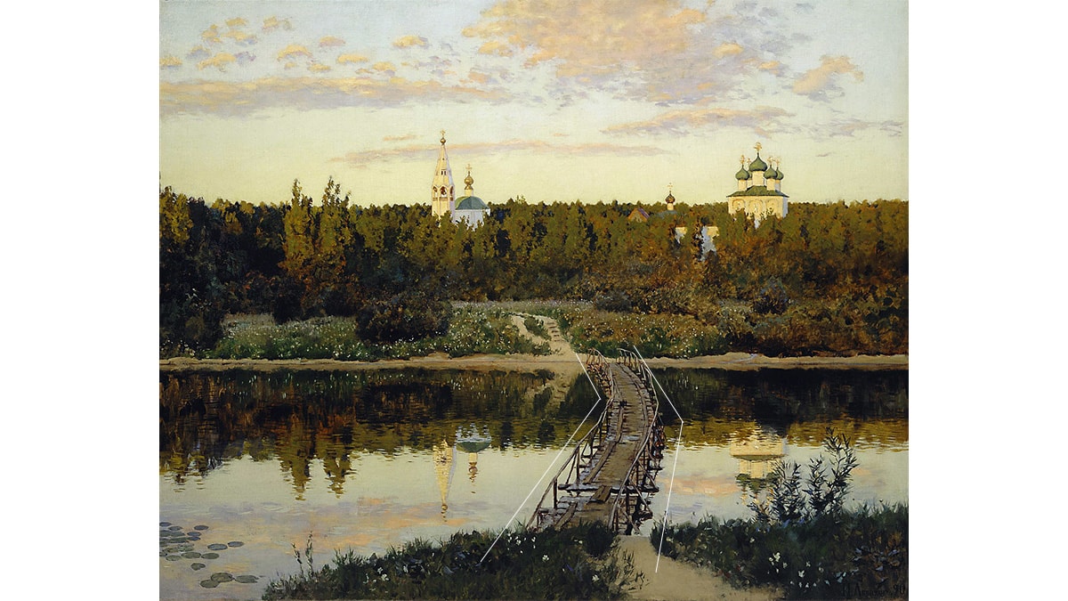 A Quiet Monastery (1890) by Isaac Levitan that show foreshortening